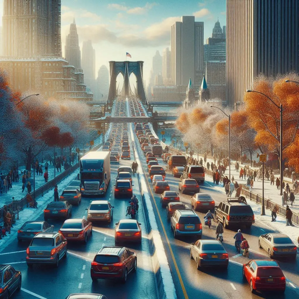 Imagem de uma estrada movimentada durante o feriado, representando as viagens típicas de Ação de Graças.